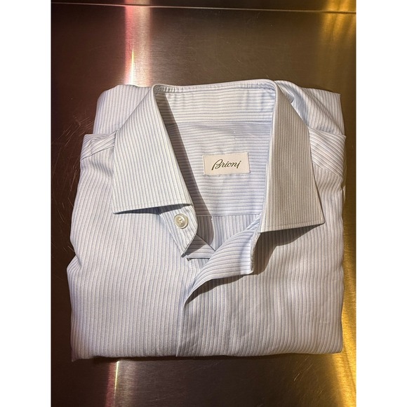 Brioni Men's Dress Shirt Blue/White Striped Silk Cotton Long Sleeve Button Up - Picture 2 of 16